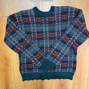 Vintage Green and Blue Patterned Crewneck Sweater